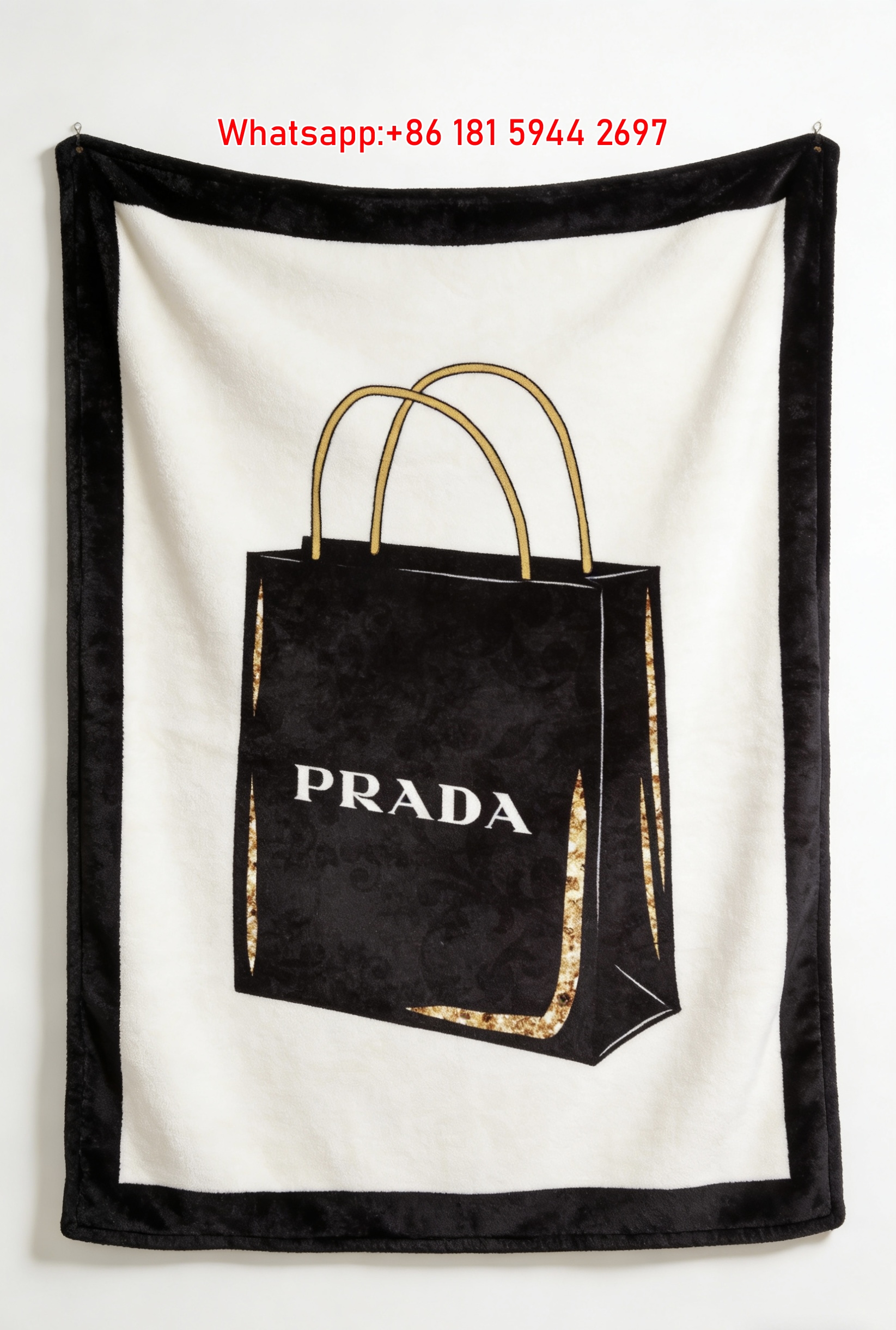 Prada Black Gold Shopping Bag Print Fleece Sofa Throw Blanket IMG_2713